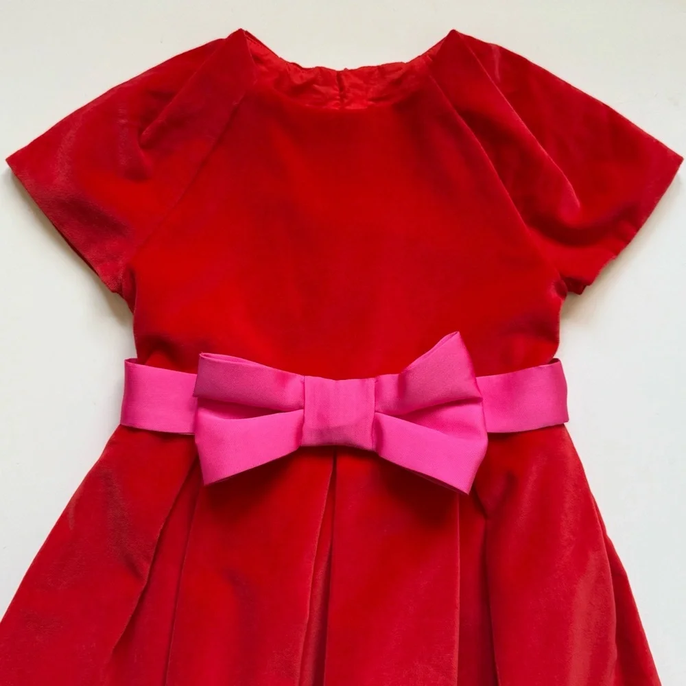 Jacadi Girls Philippine Dark Orange Pleated Velvet Holiday Dress w/ Pink Bow